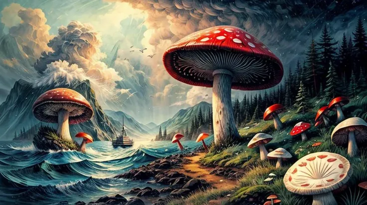 Whalers hunt giant carnivorous mushrooms during a sea storm