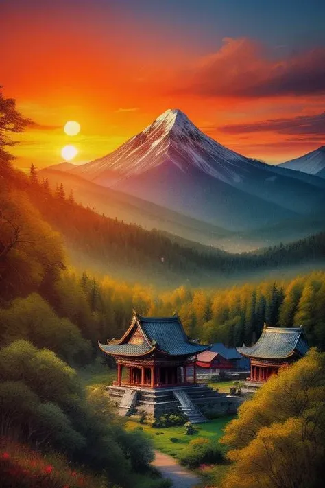Unforgettable mountain vista, summer, Ancient temples, Sunsets