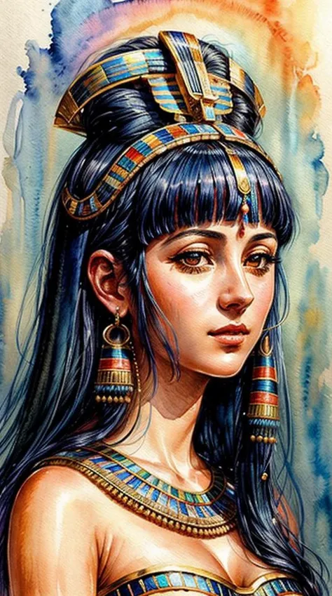 Hyperdetailed watercolor painting Closeup photo portrait of (young woman Cleopatra as the ancient egyptian queen), epic character composition, frontal view, atmospheric scene, masterpiece, best quality, (detailed beautiful face, detail skin texture, ultra-detailed body:1.1), diffused lighting
