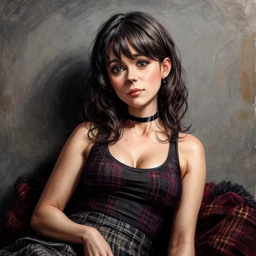 sumptuously detailed painting, goth girl [Zooey Deschanel|Jenna Ortega|Christina Ricci] in a black tank top, black plaid skirt, black choker, smirking, in a flirty pose, flesh details, accurate flesh composition, extremely detailed background, extremely detailed face capturing every feature, dark, ((style of Ivan Albright)), insane detail, Magic Realism, painstaking creative process, minutest subtleties of human flesh, tiniest elements of a still life, Make flesh more like flesh than has ever been made before; make flesh close, close, and closer, until you feel it.