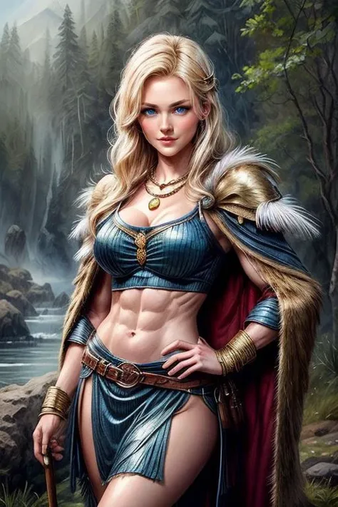 Masterpiece, oil painting, contrapposto, (Norse Goddess, ((wearing feathered cloak: 1.4)), (Gold necklace), (Viking maiden outfit), (perfect facial ratio), detailed face, (piercing blue eyes, shiny blonde hair), perfect body, toned, ((muscle: 0.8)), ((mesomorphic frame))), sidelighting, excellent detailing, detailed faces, (attention to design, attention to mood), (visual narrative),(high artistic skill), (high artistic ability), (expert craftsmanship), Valhalla, (smirk:1.2)