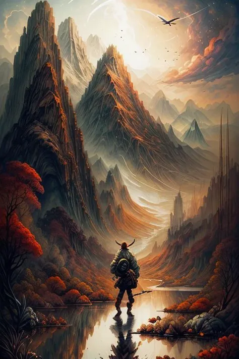 painting, secret nature, weird future, mountains in background, spotlight, 800mm lens, Sepia filter, Liminal dream, (art by Peter Mohrbacher:1.3) , (Lois van Baarle:1.1)