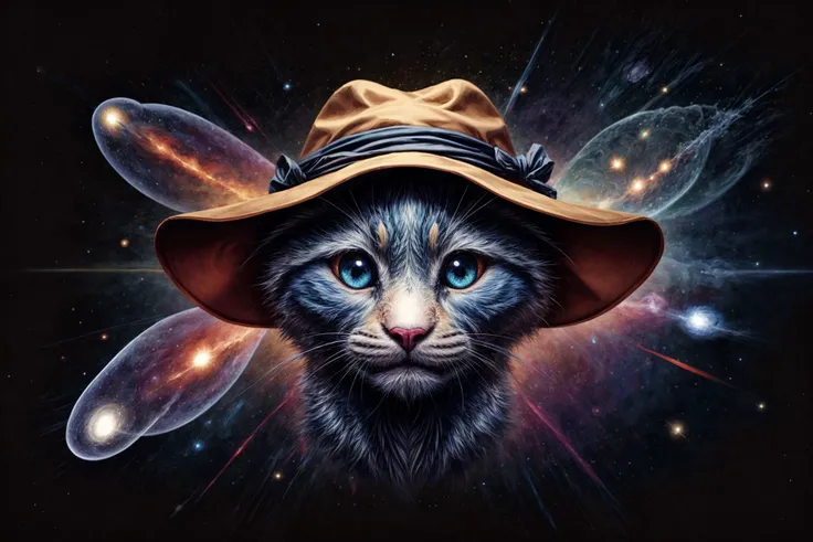 best quality, highres, 8k, star shaped creature wearing a hat, deep space , galaxies, cosmic background (((no humans))),