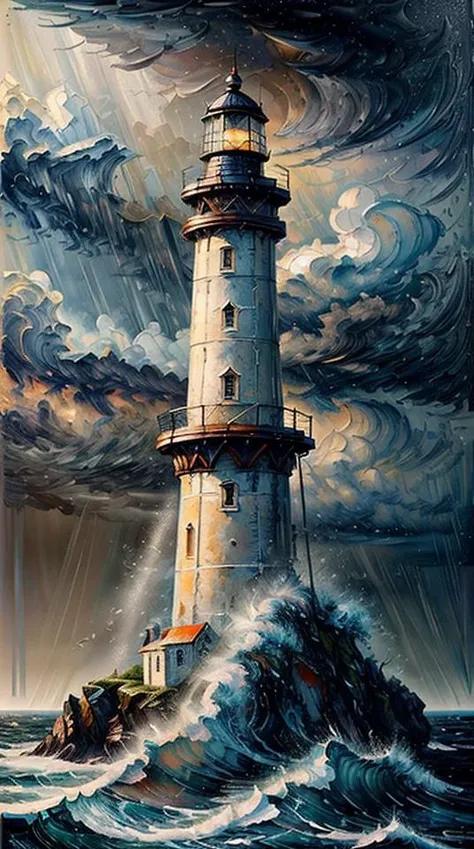 An ultra-detailed oil painting of a lighthouse surrounded by raging waves and stormy skies. (dramatic:1.4), (hyper-realistic), (highly detailed:1.5), (intricate details:1.2), (palette knife:1.2), (by Greg Manchess), (HDR:1.3), (intense:1.1), (cinematic lighting:1.3), (trending on CGsociety), (surreal:1.2), (high contrast:1.3), (oil painting texture:1.5), (dramatic shadows:1.2)