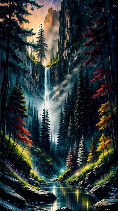 High quality, Ultra high definition, 8k, hdr, masterpiece, volumetric lighting, Beautiful, forest, water, stars, foggy, fireflies, (((night,dark scene, dim lit))), highres,