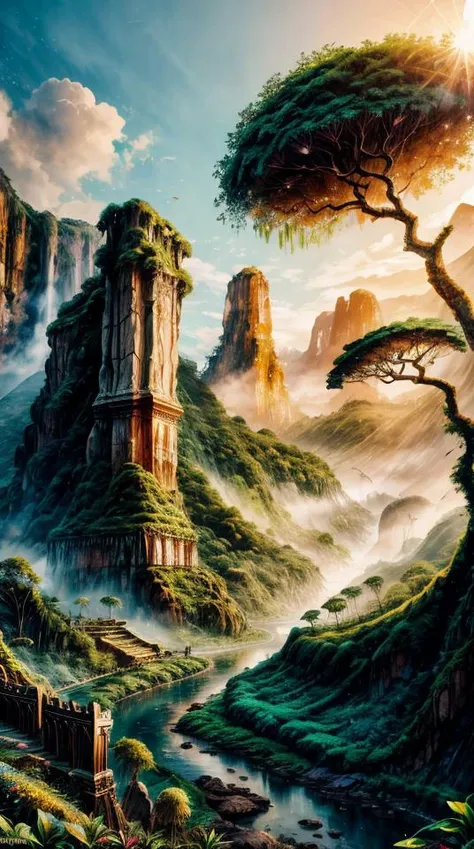 An absurdly unreal fantasy (Coloseum made of Gold and Rainforest) landscape inspired by the best science fiction of the twentieth century, 8k RAW photo, highest quality,