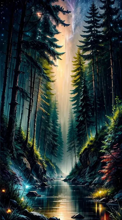 High quality, Ultra high definition, 8k, hdr, masterpiece, volumetric lighting, Beautiful, forest, water, stars, foggy, fireflies, (((night,dark scene, dim lit))), highres,