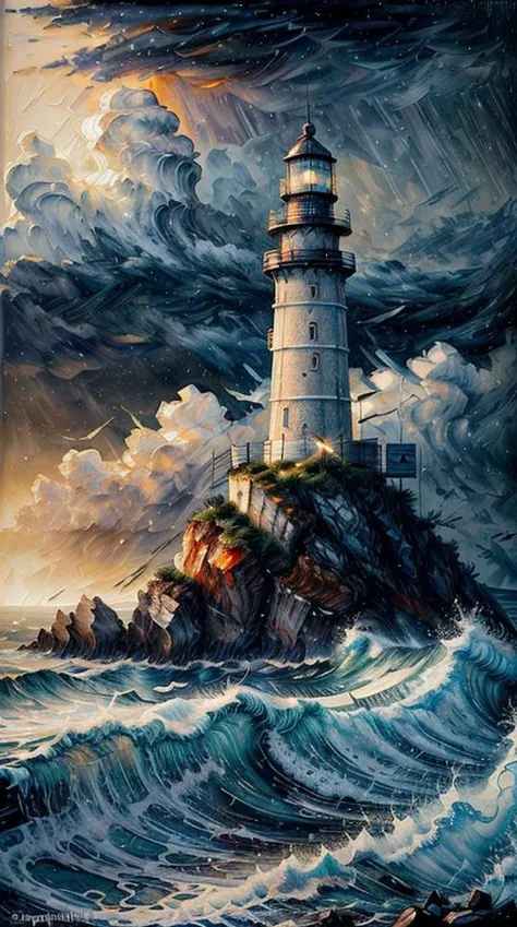 An ultra-detailed oil painting of a lighthouse surrounded by raging waves and stormy skies. (dramatic:1.4), (hyper-realistic), (highly detailed:1.5), (intricate details:1.2), (palette knife:1.2), (by Greg Manchess), (HDR:1.3), (intense:1.1), (cinematic lighting:1.3), (trending on CGsociety), (surreal:1.2), (high contrast:1.3), (oil painting texture:1.5), (dramatic shadows:1.2)