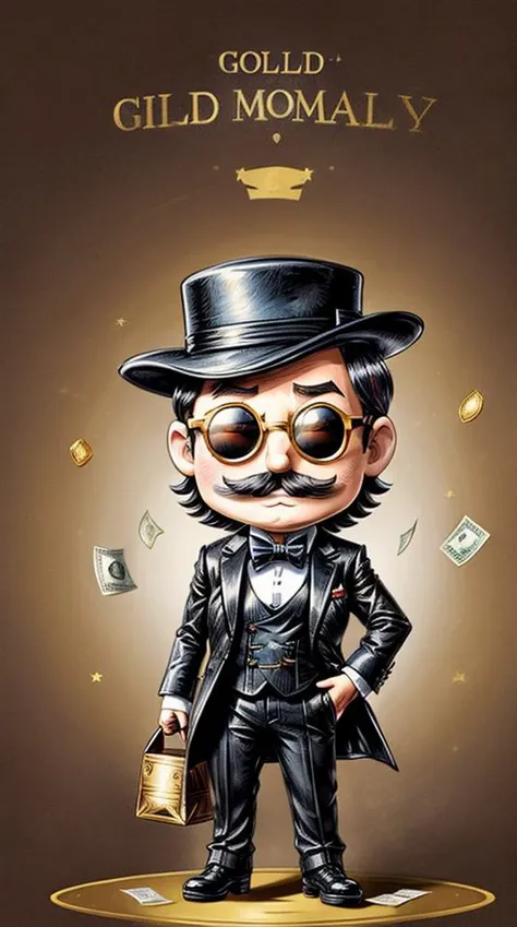 action-packed, old paper background, ((chibi)) cartoon sketch chibi-monopoly man leans out of the golden frame, throws gold coins, precious stones, dollars around art, with a huge bag of money in his hands, art,