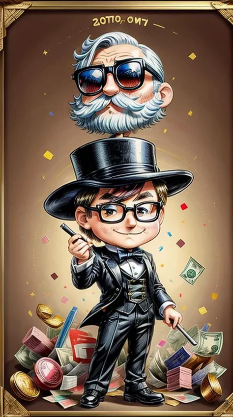 action-packed, old paper background, ((chibi)) cartoon sketch chibi-monopoly man leans out of the golden frame, throws gold coins, precious stones, dollars around art, with a huge bag of money in his hands, art,