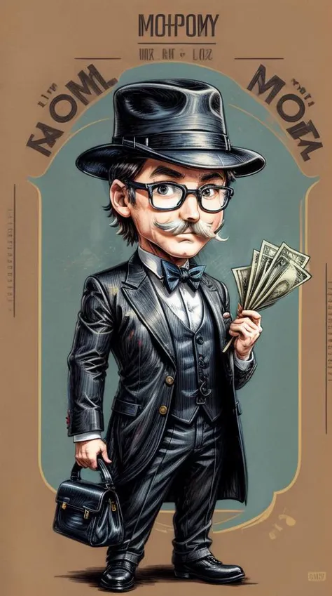 action-packed, old paper background, ((chibi)) cartoon sketch chibi-monopoly man, with a huge bag of money in his hands, art,
