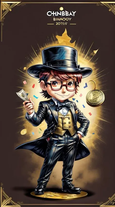action-packed, old paper background, ((chibi)) cartoon sketch chibi-monopoly man leans out of the golden frame, throws gold coins, precious stones, dollars around art, with a huge bag of money in his hands, art,