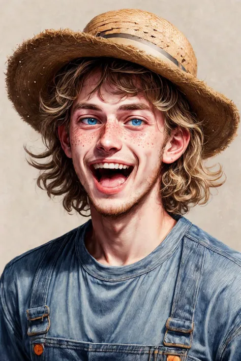 close-up photo portrait of a 20 yo european man, blond short curly hair, blue eyes, laughing face expression, freckles, denim overall, t-shirt, straw hat, farmer, simple background