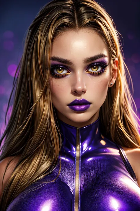 best quality,ultra-detailed,realistic,detailed face,beautiful body,beautiful light tan skin, detailed eyes yellow, piercing,beautiful detailed lips, fierce expression brown wavy hair, long, makeup,dark purple ,fierce, sassy outfit, gold, purple, fur lined cropped jacket color scheme. Based on the character clawdeen from the cartoon Monster High