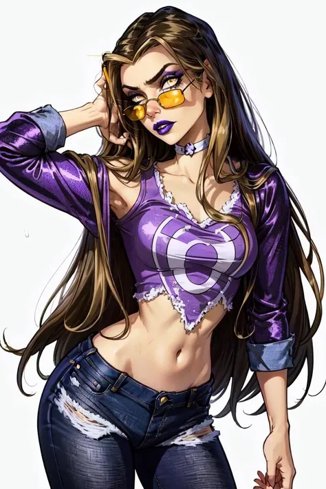 (Darcy), yellow eyes, brown hair with blonde strips, very long hair, (purple lips), (CasualOutfit), (light-purple croptop, black boots, sunglasses, purple choker), (loose purple jeans, jeans that are purple, purple pants:1.2), (solid white background, white background:1.5), (realistic:1.2), (masterpiece:1.2), (full-body-shot:1),(Cowboy-shot:1.2), neon lighting, dark romantic lighting, (highly detailed:1.2),(detailed face:1.2), (gradients), colorful, detailed eyes, (detailed landscape:1.2), (natural lighting:1.2), close shot, solo, <lora:WinxClubDarcy-10:0.9> <lora:add_detail:0.3> <lora:BeautifulEyes:0.6>