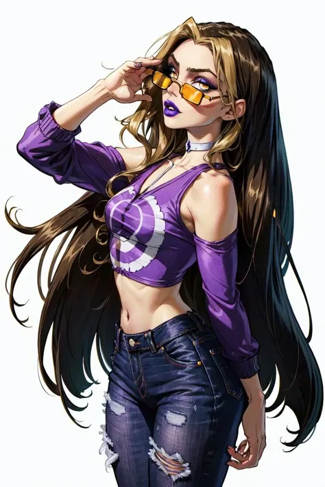(Darcy), yellow eyes, brown hair with blonde strips, very long hair, (purple lips), (CasualOutfit), (light-purple croptop, black boots, sunglasses, purple choker), (loose purple jeans, jeans that are purple), (solid white background, white background:1.5), (realistic:1.2), (masterpiece:1.2), (full-body-shot:1),(Cowboy-shot:1.2), neon lighting, dark romantic lighting, (highly detailed:1.2),(detailed face:1.2), (gradients), colorful, detailed eyes, (detailed landscape:1.2), (natural lighting:1.2), close shot, solo, <lora:WinxClubDarcy-10:0.9> <lora:add_detail:0.3> <lora:hipoly3DModelLora_v10:0.05> <lora:RSERomantic_RSESofiko_RSEEmma-v1:0.1> <lora:BeautifulEyes:0.6>