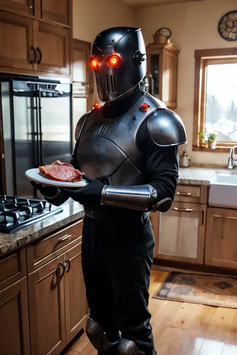 isabel, helmet, red glowng eyes, black jumpsuit, chest armor, gauntlets, looking at viewer, standing, inside cozy kitchen, holding a plate of food, raw meat, playful ambiance, high quality, masterpiece, <lora:Mechanist-10F4v9:.8>