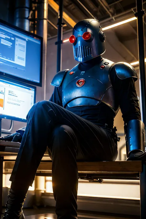isabel, helmet, red glowng eyes, black jumpsuit, chest armor, gauntlets, looking at viewer, sitting, on desk, legs crossed, inside refinery, computer monitor, high quality, masterpiece, <lora:Mechanist-10F4v9:.8>
