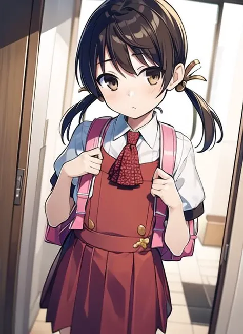 <lyco:kaai yuki:0.75>,masterpiece,best quality,
kaai yuki, 1girl, solo,brown eyes, low twintails,short twintails,looking at viewer,standing,
hair ornament,white shirt, ascot, puffy short sleeves, red dress, collared shirt,backpack,
indoors,