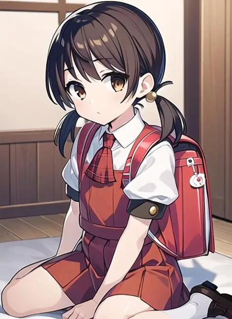 <lyco:kaai yuki:0.75>,masterpiece,best quality,
kaai yuki, 1girl, solo,brown eyes, low twintails,short twintails,looking at viewer,wariza, sitting, v,
hair ornament,white shirt, ascot, puffy short sleeves, red dress, collared shirt,backpack,
indoors,