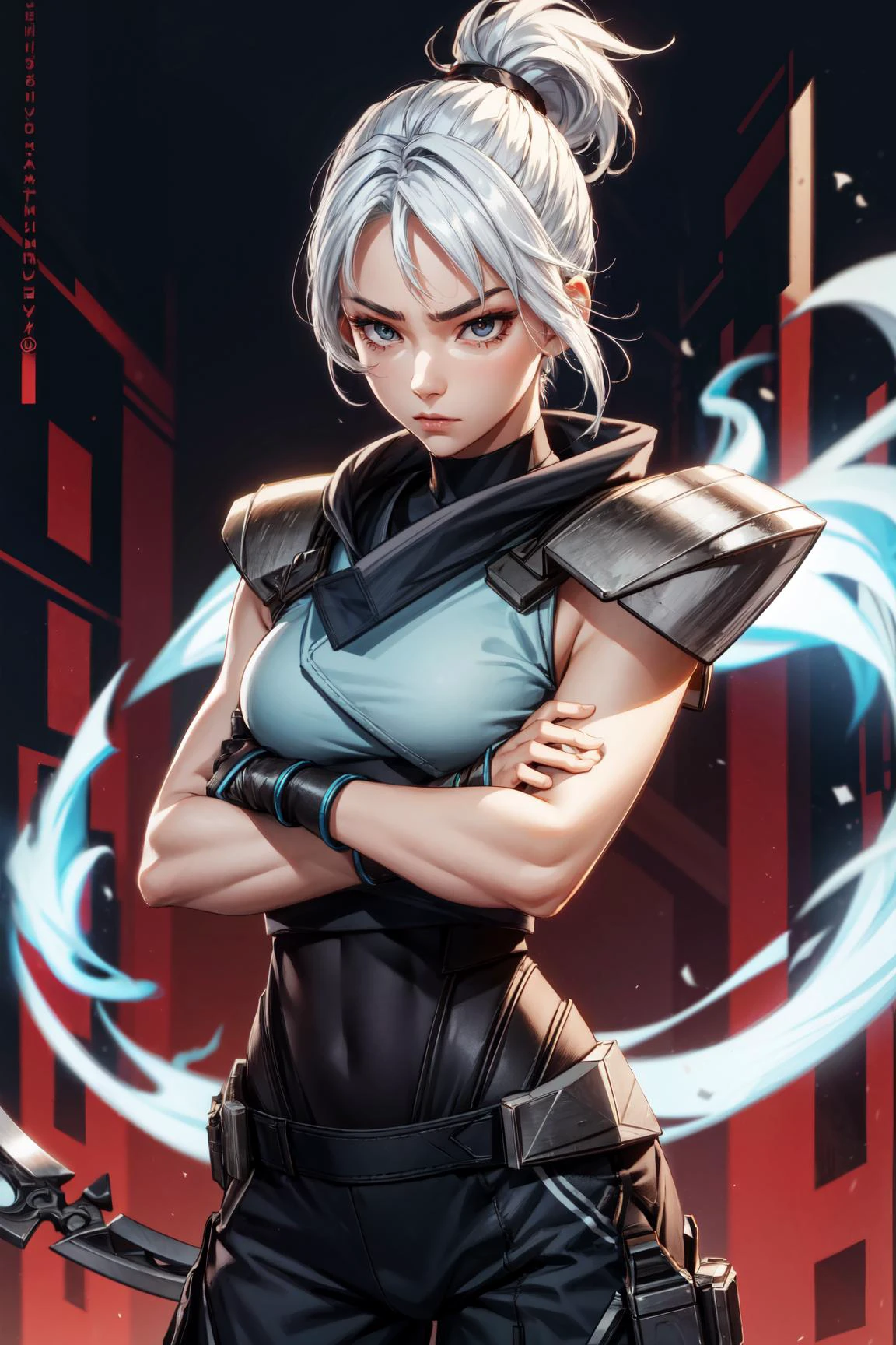 1girl,jett,asian face,white hair,short hair,black gloves, shoulder pads, black pants, cropped sleeveless jacket,aserious expression,crouched, (ninja pose),dinamic pose,kunai knife,holding a kunai,wind effect,strong wind aroud body,masterpiece,extremely detailed CG unity 8k wallpaper, best quality,32k,focus sharp, <lora:Jett-05:1>, <lora:add_detail:1>,