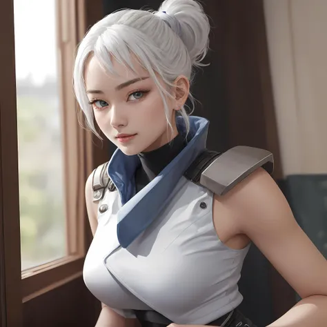 masterpiece, best quality, intricate, high detail, sharp focus, 1girl,<lora:Jett-05:1>, Jett, black gloves, shoulder pads, black pants, cropped sleeveless jacket, white hair, mature woman, blue eyes, ((white ponytail)), looking at viewer, soft smile