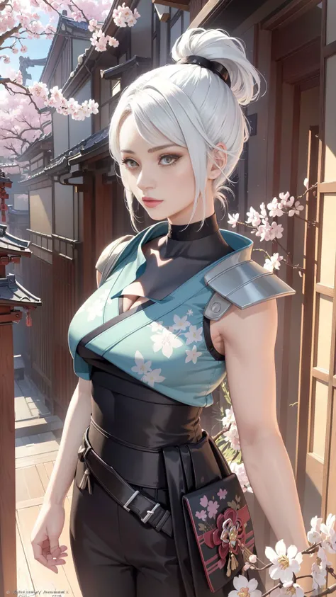 (masterpiece, top quality, best quality, official art, beautiful and aesthetic:1.2), extreme detailed,(fractal art:1.3), colorful,highest detailed, (1girl:1.6), <lora:Jett:1>, jett,asian face,white hair,short hair,black gloves, shoulder pads, black pants, cropped sleeveless jacket, (cleavage:1.3), outdoors, (japanese architecture, japan, sakura tree:1.4)