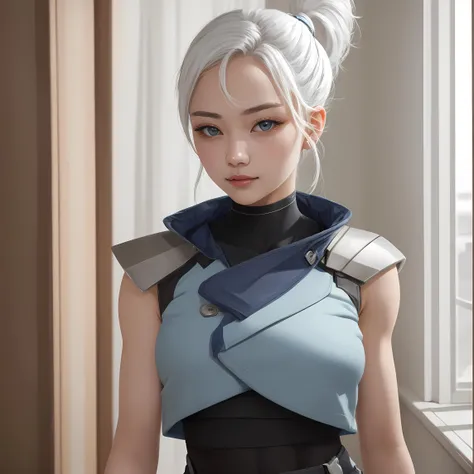 masterpiece, best quality, intricate, high detail, sharp focus, 1girl,<lora:Jett-05:1>, Jett, black gloves, shoulder pads, black pants, cropped sleeveless jacket, white hair, mature woman, blue eyes, ((white ponytail)), looking at viewer, soft smile