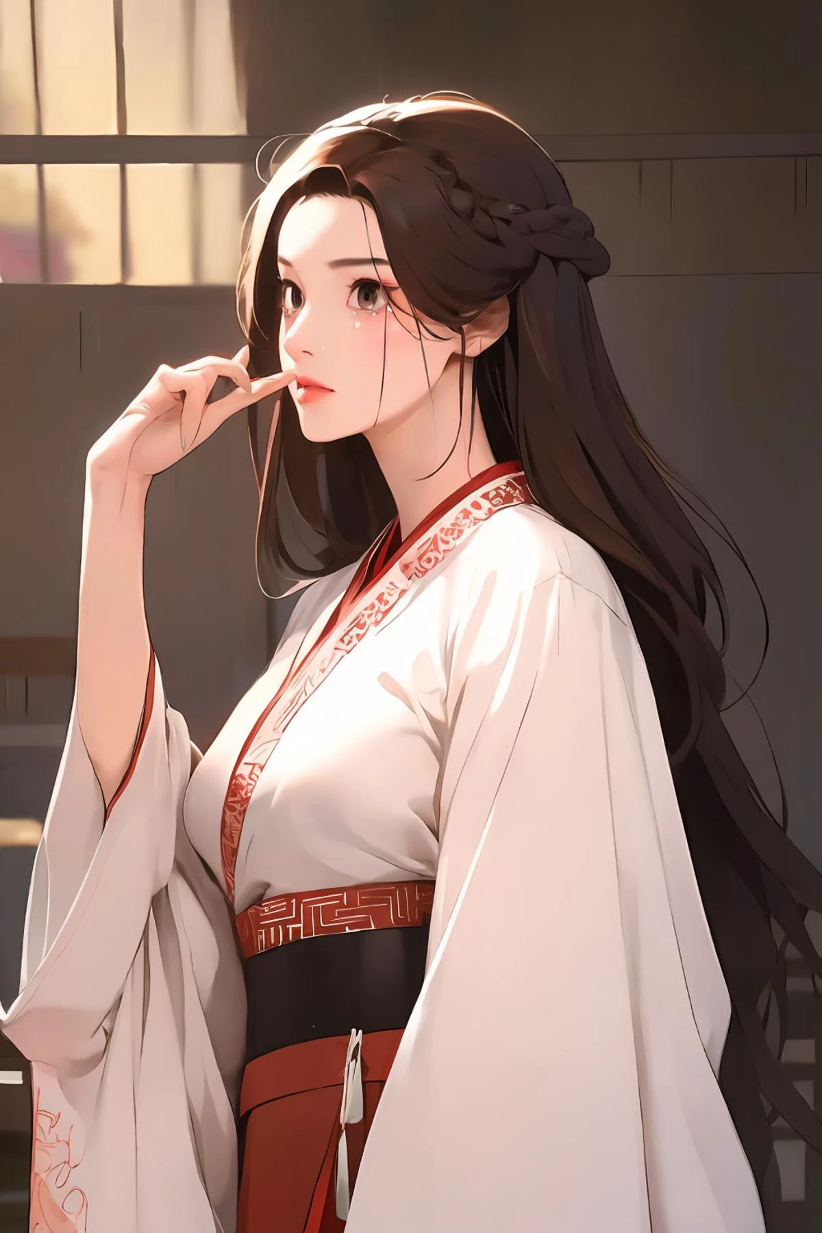 masterpiece,8k high quality detailed,highres,anime,,illustration \(art_book\),
(an illustration of a female,illustration \(female\),(solo)),
,HC_Chen Rouyu,1girl,brown hair,long hair,brown eyes,pink lips,makeup,large breasts,(<lora:warring robe:0.7>, warring states robe,chinese hanfu,wide_sleeves),Crying:1.2,detailed_face,
((Blowing a kiss)),
(,realistic clothing texture,realistic_skin_texture),<lora:velvia:0.6>,<lora:HC_Chen Rouyu:0.7>,<lora:more_details:0.3>