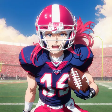 anime girl football player wearing light blue and white football uniform, (shoulder pads), pink hair, (football pads), sports anime, american football, long flowing hair, (large anime eyes), gridiron, (long hair), sportswear, shoulder pads, ((football helmet)), perfect hands, feminine, ladylike, womanly, beautiful face, ((helmet face mask bars covering lower face)), american football object,speed flex helmet, sailor school girl uniform, bow tie, sailor skirt, football pants, gloves, long socks, jersey numbers, anime aesthetic, realistic proportions, tackle football, masterpiece, best quality, realistic shaded, perfect face, fine details, perfect lighting