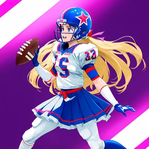 anime magical girl football player wearing magical girl themed uniform, (chibi), card captor sakura, (kawaii), magical energy, magical aura, magical powers, magical girl, (shoulder pads), (football pads), sports anime, magical girl, american football, long flowing hair, ((perfectly shaped football)) (large anime eyes), gridiron, (long hair), sportswear, magical energy, magical aura, shoulder pads, ((football helmet)), perfect hands, feminine, ladylike, womanly, beautiful face, ((helmet face mask bars covering lower face)), american football object, speed flex helmet, sailor school girl uniform, bow tie, sailor skirt, football pants, gloves, long socks, jersey numbers, anime aesthetic, tackle football, masterpiece, best quality, perfect face, fine details, perfect lighting