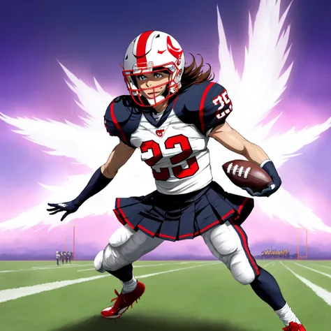 anime magical girl football player wearing magical girl themed uniform, (chibi), card captor sakura, (kawaii), magical energy, magical aura, magical powers, magical girl, (shoulder pads), (football pads), sports anime, magical girl, american football, long flowing hair, ((perfectly shaped football)) (large anime eyes), gridiron, (long hair), sportswear, magical energy, magical aura, shoulder pads, ((football helmet)), perfect hands, feminine, ladylike, womanly, beautiful face, ((helmet face mask bars covering lower face)), american football object, speed flex helmet, sailor school girl uniform, bow tie, sailor skirt, football pants, gloves, long socks, jersey numbers, anime aesthetic, tackle football, masterpiece, best quality, perfect face, fine details, perfect lighting