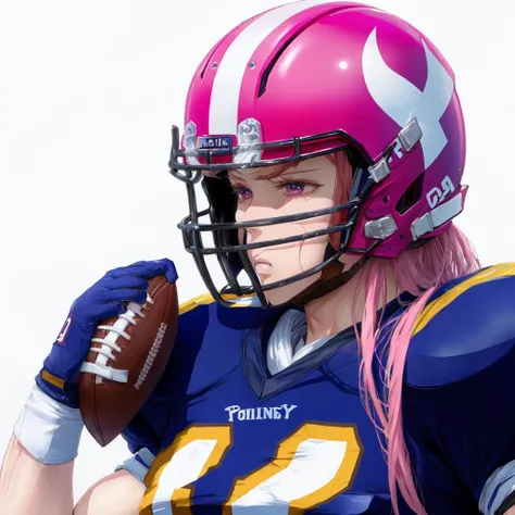 anime girl football player wearing light blue and white football uniform, (shoulder pads), pink hair, (football pads), sports anime, american football, long flowing hair, (large anime eyes), gridiron, (long hair), sportswear, shoulder pads, ((football helmet)), perfect hands, feminine, ladylike, womanly, beautiful face, ((helmet face mask bars covering lower face)), american football object,speed flex helmet, sailor school girl uniform, bow tie, sailor skirt, football pants, gloves, long socks, jersey numbers, anime aesthetic, realistic proportions, tackle football, masterpiece, best quality, realistic shaded, perfect face, fine details, perfect lighting
