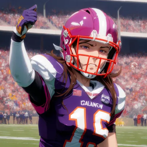 anime girl football player wearing light blue and white football uniform, (shoulder pads), pink hair, (football pads), sports anime, american football, long flowing hair, (large anime eyes), gridiron, (long hair), sportswear, shoulder pads, ((football helmet)), perfect hands, feminine, ladylike, womanly, beautiful face, ((helmet face mask bars covering lower face)), american football object,speed flex helmet, sailor school girl uniform, bow tie, sailor skirt, football pants, gloves, long socks, jersey numbers, anime aesthetic, realistic proportions, tackle football, masterpiece, best quality, realistic shaded, perfect face, fine details, perfect lighting