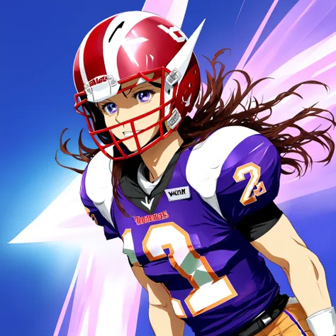 anime magical girl football player wearing magical girl themed uniform, (chibi), card captor sakura, (kawaii), magical energy, magical aura, magical powers, magical girl, (shoulder pads), (football pads), sports anime, magical girl, american football, long flowing hair, ((perfectly shaped football)) (large anime eyes), gridiron, (long hair), sportswear, magical energy, magical aura, shoulder pads, ((football helmet)), perfect hands, feminine, ladylike, womanly, beautiful face, ((helmet face mask bars covering lower face)), american football object, speed flex helmet, sailor school girl uniform, bow tie, sailor skirt, football pants, gloves, long socks, jersey numbers, anime aesthetic, tackle football, masterpiece, best quality, perfect face, fine details, perfect lighting