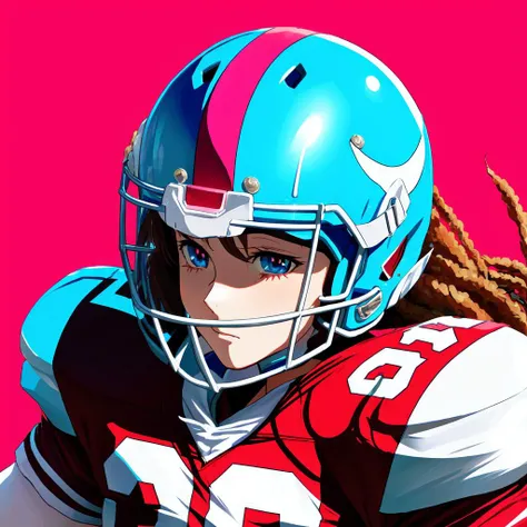 anime girl football player wearing light blue and white football uniform, (shoulder pads), pink hair, (football pads), sports anime, american football, long flowing hair, (large anime eyes), gridiron, (long hair), sportswear, shoulder pads, ((football helmet)), perfect hands, feminine, ladylike, womanly, beautiful face, ((helmet face mask bars covering lower face)), american football object,speed flex helmet, sailor school girl uniform, bow tie, sailor skirt, football pants, gloves, long socks, jersey numbers, anime aesthetic, realistic proportions, tackle football, masterpiece, best quality, realistic shaded, perfect face, fine details, perfect lighting