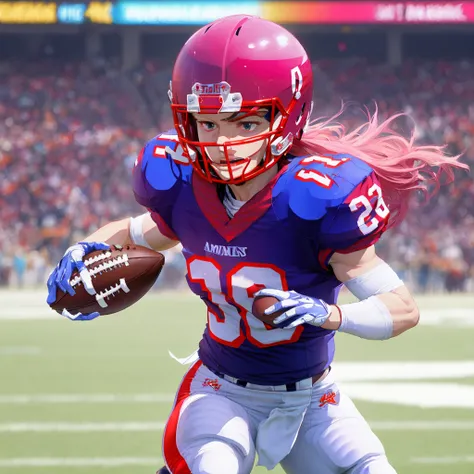 anime girl football player wearing light blue and white football uniform, (shoulder pads), pink hair, (football pads), sports anime, american football, long flowing hair, (large anime eyes), gridiron, (long hair), sportswear, shoulder pads, ((football helmet)), perfect hands, feminine, ladylike, womanly, beautiful face, ((helmet face mask bars covering lower face)), american football object,speed flex helmet, sailor school girl uniform, bow tie, sailor skirt, football pants, gloves, long socks, jersey numbers, anime aesthetic, realistic proportions, tackle football, masterpiece, best quality, realistic shaded, perfect face, fine details, perfect lighting