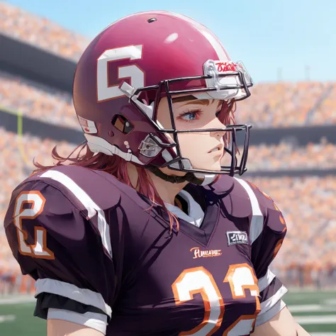 anime girl football player wearing light blue and white football uniform, (shoulder pads), pink hair, (football pads), sports anime, american football, long flowing hair, (large anime eyes), gridiron, (long hair), sportswear, shoulder pads, ((football helmet)), perfect hands, feminine, ladylike, womanly, beautiful face, ((helmet face mask bars covering lower face)), american football object,speed flex helmet, sailor school girl uniform, bow tie, sailor skirt, football pants, gloves, long socks, jersey numbers, anime aesthetic, realistic proportions, tackle football, masterpiece, best quality, realistic shaded, perfect face, fine details, perfect lighting