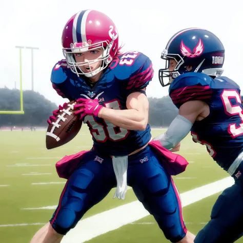 anime girl football player wearing light blue and white football uniform, (shoulder pads), pink hair, (football pads), sports anime, american football, long flowing hair, (large anime eyes), gridiron, (long hair), sportswear, shoulder pads, ((football helmet)), perfect hands, feminine, ladylike, womanly, beautiful face, ((helmet face mask bars covering lower face)), american football object,speed flex helmet, sailor school girl uniform, bow tie, sailor skirt, football pants, gloves, long socks, jersey numbers, anime aesthetic, realistic proportions, tackle football, masterpiece, best quality, realistic shaded, perfect face, fine details, perfect lighting