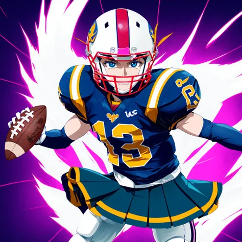 anime magical girl football player wearing magical girl themed uniform, (chibi), card captor sakura, (kawaii), magical energy, magical aura, magical powers, magical girl, (shoulder pads), (football pads), sports anime, magical girl, american football, long flowing hair, ((perfectly shaped football)) (large anime eyes), gridiron, (long hair), sportswear, magical energy, magical aura, shoulder pads, ((football helmet)), perfect hands, feminine, ladylike, womanly, beautiful face, ((helmet face mask bars covering lower face)), american football object, speed flex helmet, sailor school girl uniform, bow tie, sailor skirt, football pants, gloves, long socks, jersey numbers, anime aesthetic, tackle football, masterpiece, best quality, perfect face, fine details, perfect lighting