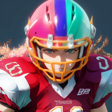 anime girl football player wearing light blue and white football uniform, (shoulder pads), pink hair, (football pads), sports anime, american football, long flowing hair, (large anime eyes), gridiron, (long hair), sportswear, shoulder pads, ((football helmet)), perfect hands, feminine, ladylike, womanly, beautiful face, ((helmet face mask bars covering lower face)), american football object,speed flex helmet, sailor school girl uniform, bow tie, sailor skirt, football pants, gloves, long socks, jersey numbers, anime aesthetic, realistic proportions, tackle football, masterpiece, best quality, realistic shaded, perfect face, fine details, perfect lighting