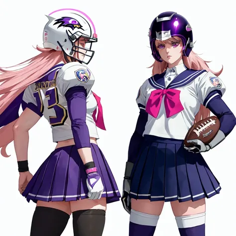 anime girl football player wearing a Baltimore Ravens uniform, (shoulder pads), pink hair, (football pads), sports anime, american football, long flowing hair, (large anime eyes), gridiron, (long hair), sportswear, shoulder pads, ((football helmet)), perfect hands, feminine, ladylike, womanly, beautiful face, ((helmet face mask bars covering lower face)), american football object,speed flex helmet, sailor school girl uniform, bow tie, sailor skirt, football pants, gloves, long socks, jersey numbers, anime aesthetic, realistic proportions, tackle football, masterpiece, best quality, realistic shaded, perfect face, fine details, perfect lighting