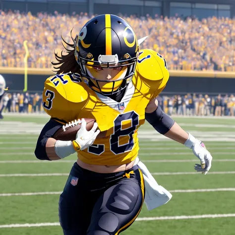anime girl football player wearing Pittsburgh Steelers uniform running for a touchdown, (shoulder pads), (football pads), sports anime, American football, (large anime eyes), gridiron, sportswear, shoulder pads, ((football helmet)), perfect hands, feminine, ladylike, womanly, beautiful face, ((helmet face mask bars covering lower face)), American football object, speed flex helmet, sailor school girl uniform, bow tie, sailor skirt, football pants, gloves, long socks, jersey numbers, anime aesthetic, realistic proportions, tackle football, masterpiece, best quality, realistic shaded, perfect face, fine details, perfect lighting