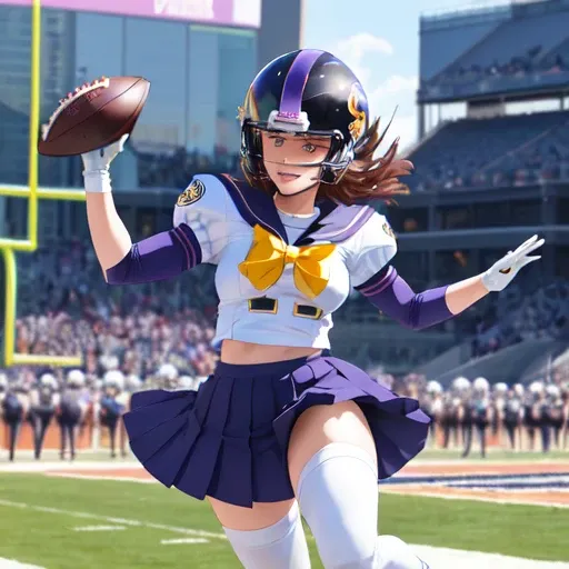 anime girl football player wearing Baltimore Ravens uniform running for a touchdown, running toward viewer, (shoulder pads), (football pads), sports anime, American football, (large anime eyes), gridiron, sportswear, shoulder pads, ((football helmet)), perfect hands, feminine, ladylike, womanly, beautiful face, ((helmet face mask bars covering lower face)), American football object, speed flex helmet, sailor school girl uniform, bow tie, sailor skirt, football pants, gloves, long socks, jersey numbers, anime aesthetic, realistic proportions, tackle football, masterpiece, best quality, realistic shaded, perfect face, fine details, perfect lighting