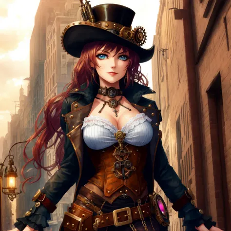 steampunk, girl, city,