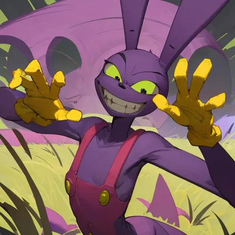 JaxAmazing , yellow gloves, bunny man , purple fur,  grass background , amazing art , evil smile, hands spread out  <lora:JaxAmazingLora-000009:0.8>