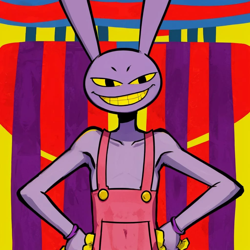 JaxAmazing , circus background , evil smile , yellow loves , hands on hips,bunny man, purple skin <lora:JaxAmazingLora-000009:0.8>