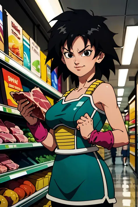 gine,short black hair, black eyes, bare shoulders,pink wristbands,breastplate, green saiyan armor,green skirt,pantyhose, looking at viewer, smiling, happy, teeth, medium shot, inside kitchen, holding plate of food, soft lighting, high quality, masterpiece <lora:DBS_Gine_v2:1>