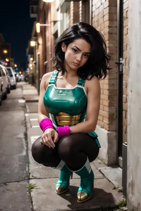 masterpiece, best quality, highres, 1blackgirl, cammy white, black woman, twin braids, long hair, blonde hair, antenna hair, beret, (red headwear:1.3), blue eyes, scar on cheek, green leotard, large boob 36 DD, sleeveless, red gloves, fingerless gloves, camouflage, cowboy shot, standing, outdoors, arms at sides, straight-on, Destini as Cammy
