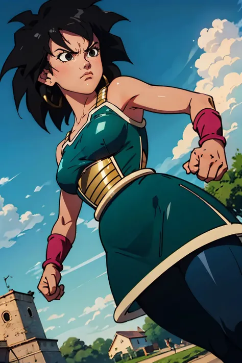 gine,short black hair, black eyes, bare shoulders,pink wristbands,breastplate, green saiyan armor,green skirt,pantyhose, looking serious, angry, fighting pose, outside, village, blue sky, high quality, masterpiece <lora:DBS_Gine_v2:1>